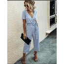 Short Sleeve Loose Striped Jumpsuit,Women trendy elegant style and wide leg ,Casual jumpsuit with ruffles sleeves, long romper, short sleeve pantsuit with belts, crew neck pant suits, cocktail jumpsuit, long pants, iBuyXi.com