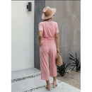 Short Sleeve Loose Striped Jumpsuit,Women trendy elegant style and wide leg ,Casual jumpsuit with ruffles sleeves, long romper, short sleeve pantsuit with belts, crew neck pant suits, cocktail jumpsuit, long pants, iBuyXi.com