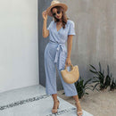 Short Sleeve Loose Striped Jumpsuit,Women trendy elegant style and wide leg ,Casual jumpsuit with ruffles sleeves, long romper, short sleeve pantsuit with belts, crew neck pant suits, cocktail jumpsuit, long pants, iBuyXi.com