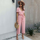 Short Sleeve Loose Striped Jumpsuit,Women trendy elegant style and wide leg ,Casual jumpsuit with ruffles sleeves, long romper, short sleeve pantsuit with belts, crew neck pant suits, cocktail jumpsuit, long pants, iBuyXi.com