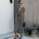 Short Sleeve Loose Striped Jumpsuit,Women trendy elegant style and wide leg ,Casual jumpsuit with ruffles sleeves, long romper, short sleeve pantsuit with belts, crew neck pant suits, cocktail jumpsuit, long pants, iBuyXi.com