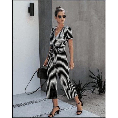 Short Sleeve Loose Striped Jumpsuit,Women trendy elegant style and wide leg ,Casual jumpsuit with ruffles sleeves, long romper, short sleeve pantsuit with belts, crew neck pant suits, cocktail jumpsuit, long pants, iBuyXi.com