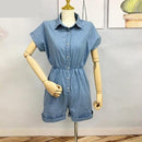 Single Breasted Denim Playsuit With Blue Casual Elastic Waist Short And Jumpsuit Comes With  Loose Jean Romper. - ibuyxi.com
