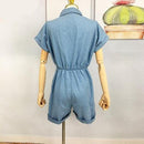 Single Breasted Denim Playsuit With Blue Casual Elastic Waist Short And Jumpsuit Comes With  Loose Jean Romper. - ibuyxi.com