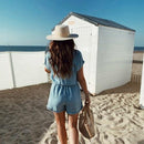 Single Breasted Denim Playsuit With Blue Casual Elastic Waist Short And Jumpsuit Comes With Loose Jean Romper. - ibuyxi.com