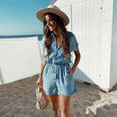 Single Breasted Denim Playsuit With Blue Casual Elastic Waist Short And Jumpsuit Comes With Loose Jean Romper. - ibuyxi.com