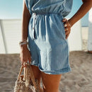 Single Breasted Denim Playsuit With Blue Casual Elastic Waist Short And Jumpsuit Comes With Loose Jean Romper. - ibuyxi.com