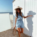 Single Breasted Denim Playsuit With Blue Casual Elastic Waist Short And Jumpsuit Comes With Loose Jean Romper. - ibuyxi.com