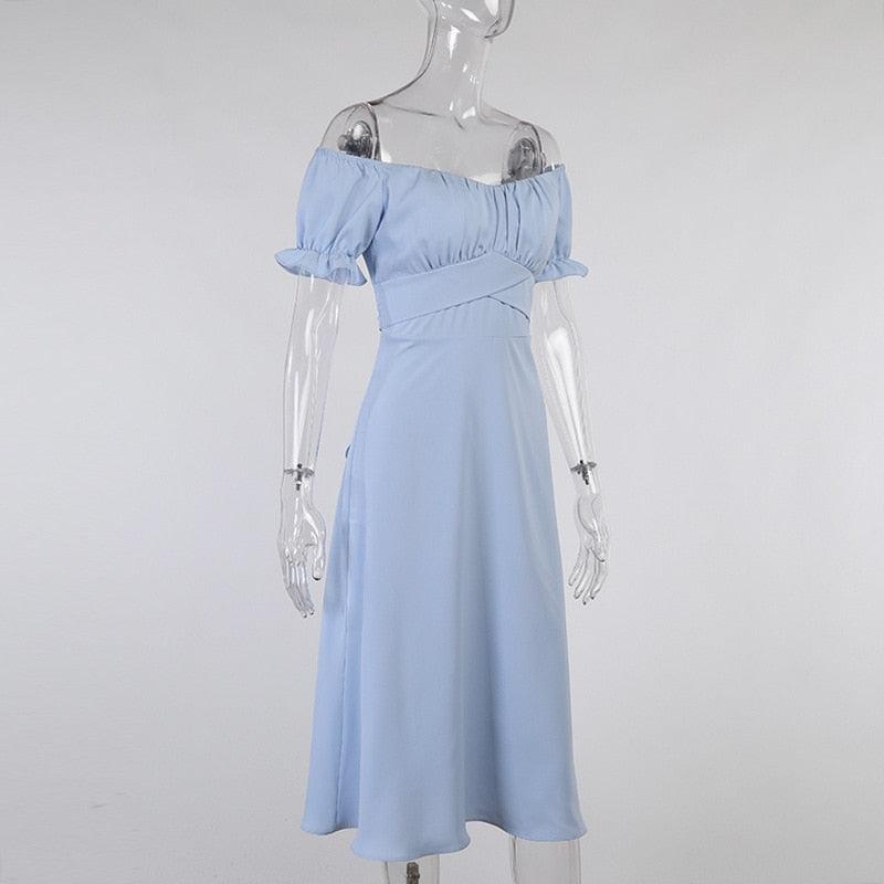 Slash Neck Solid Color Dress With Off Shoulder Sashes And A-Line Elegant Long Party Vestido. - ibuyxi.com
