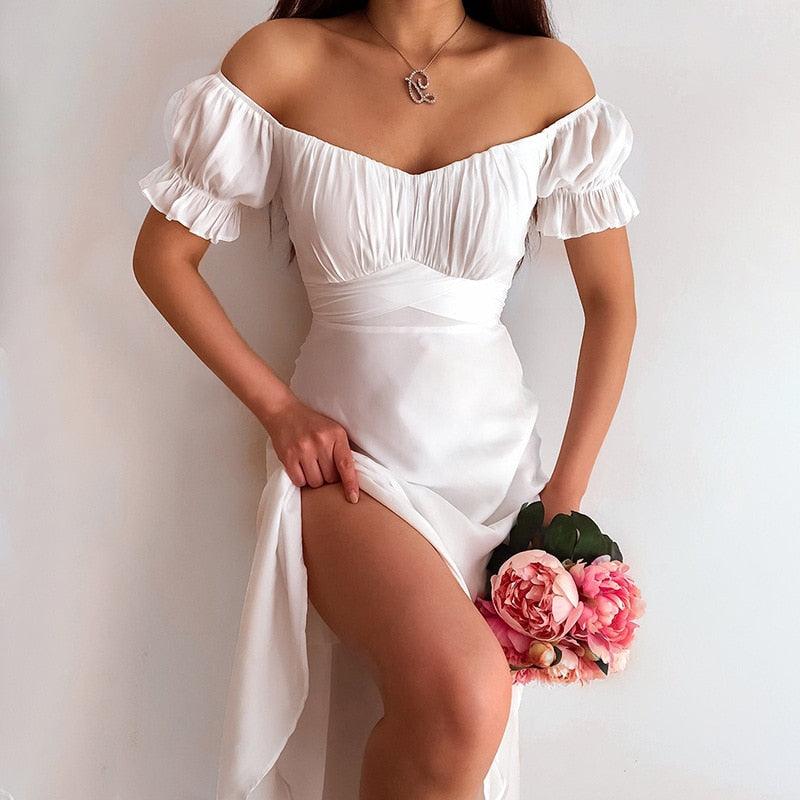 Slash Neck Solid Color Dress With Off Shoulder Sashes And A-Line Elegant Long Party Vestido. - ibuyxi.com