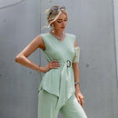 Sleeveless Chic Asymmetric V-Neck Soft Solid Elastic Jumpsuit, Ruffles short sleeve, Oblong neck, Solid color, High waist, Back button closure, Long Pants Jumpsuits Romper with Belt. Women trendy elegant style and wide leg ,Casual jumpsuit with ruffles sleeves, long romper, short sleeve pantsuit with belts, crew neck pant suits, cocktail jumpsuit, long pants, iBuyXi.com