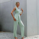 Sleeveless Chic Asymmetric V-Neck Soft Solid Elastic Jumpsuit, Ruffles short sleeve, Oblong neck, Solid color, High waist, Back button closure, Long Pants Jumpsuits Romper with Belt. Women trendy elegant style and wide leg ,Casual jumpsuit with ruffles sleeves, long romper, short sleeve pantsuit with belts, crew neck pant suits, cocktail jumpsuit, long pants, iBuyXi.com