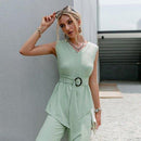 Sleeveless Chic Asymmetric V-Neck Soft Solid Elastic Jumpsuit, Ruffles short sleeve, Oblong neck, Solid color, High waist, Back button closure, Long Pants Jumpsuits Romper with Belt. Women trendy elegant style and wide leg ,Casual jumpsuit with ruffles sleeves, long romper, short sleeve pantsuit with belts, crew neck pant suits, cocktail jumpsuit, long pants, iBuyXi.com