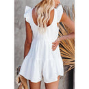  V-neck Backless Boho Floral Print,Ruffles Half Sleeves ,V-neck Drawstring Solid Loose Jumpsuit, trendy elegant style,short sleeve pantsuit with belts, crew neck pant suits, cocktail jumpsuit, long pants, iBuyXi.com