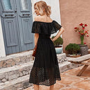 Solid Slash Neck Lace, Embroidered Midi Dress, Top Dress Women Lace, Hollow Out Long Dresses, Solid Slash-Neck, Evening Skirt Ladies Dress Sundress Sundress, iBuyXi.com