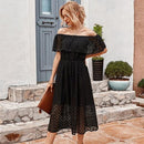 Solid Slash Neck Lace, Embroidered Midi Dress, Top Dress Women Lace, Hollow Out Long Dresses, Solid Slash-Neck, Evening Skirt Ladies Dress Sundress Sundress, iBuyXi.com