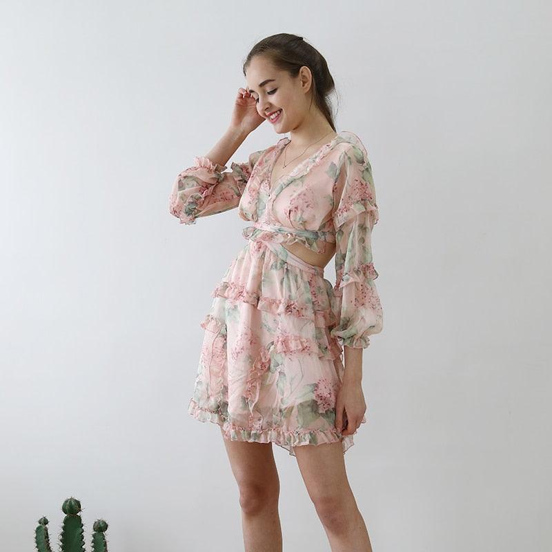 Floral Cross Backless Ruffles Long Sleeve Short Dress