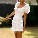Ruffles Drawstring White Dress With Square Collar And Mini Bodycon And Hollow Out Which Looks Stunning On Any Occasion. - ibuyxi.com