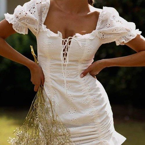 Ruffles Drawstring White Dress With Square Collar And Mini Bodycon And Hollow Out Which Looks Stunning On Any Occasion. - ibuyxi.com