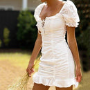 Ruffles Drawstring White Dress With Square Collar And Mini Bodycon And Hollow Out Which Looks Stunning On Any Occasion. - ibuyxi.com