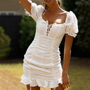 Ruffles Drawstring White Dress With Square Collar And Mini Bodycon And Hollow Out Which Looks Stunning On Any Occasion. - ibuyxi.com