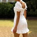 Ruffles Drawstring White Dress With Square Collar And Mini Bodycon And Hollow Out Which Looks Stunning On Any Occasion. - ibuyxi.com