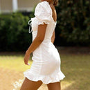 Ruffles Drawstring White Dress With Square Collar And Mini Bodycon And Hollow Out Which Looks Stunning On Any Occasion. - ibuyxi.com