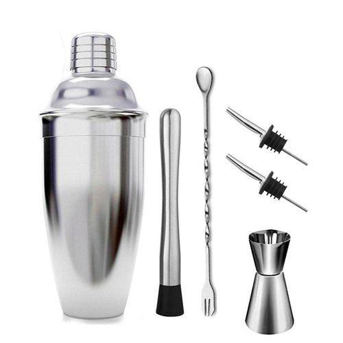 Cocktail Shaker Set, 18 oz Stainless Steel Cocktail Shaker with Strianer,Jigger,Muddler, Mixing Spoon,2 Pourers, Professional Kit Gift (6pcs Drink Mixer Bartender Kit),iBuyXi.com