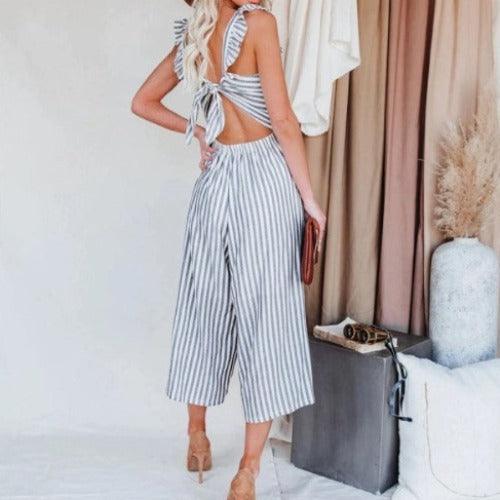 Striped Pleated Ruffled Lace Up Backless Spaghetti Strap Jumpsuit - view 5