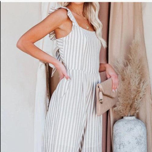 Striped Pleated Ruffled Lace Up Backless Spaghetti Strap Jumpsuit - view 6