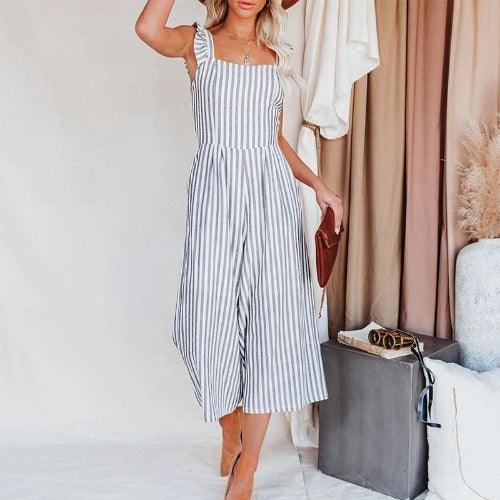 Striped Pleated Spaghetti Strap Ruffled Lace Up Backless Jumpsuit, Cropped Top Wide Leg Trouser Sling Up Backless Jumpsuit,Spring Dress Beading Pleated Elegant Party Dress Belted Loose Oversized Plus Size Women Clothing ,iBuyXi.com