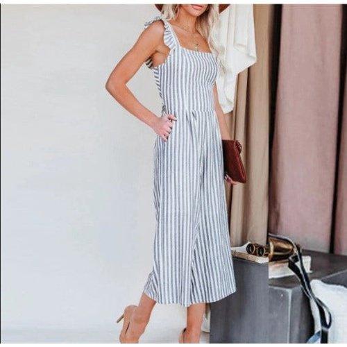Striped Pleated Ruffled Lace Up Backless Spaghetti Strap Jumpsuit - view 8