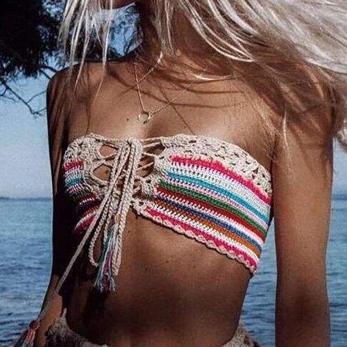 Tassel Knitted Crochet Top. Visit iBuyXi.com for Online Shopping and Shop the Unique Selection, Crochet Hollow Out Patchwork, Crochet Hollow, Tassel Bikini, Patchwork Crochet Bikini, Tube Top Strapless Bikini, Hollow Out Bra, Crop Top bra, Tassel Knitted Swimsuit Beach, Boho Top, Swimsuit Bikini, Beach Bathing Suit Swimwear, Summer, Beach.
