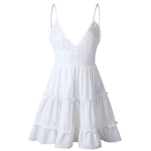 Tie-Back Ruffle Mini Dress, Backless V-neck Mini Ruffle Sleeveless Beach Dress, iBuyXi.com, Butterfly knot Strap, Sheer White Lace and Frill Waist Dress. Sexy V-neck and Alluring Backless Design