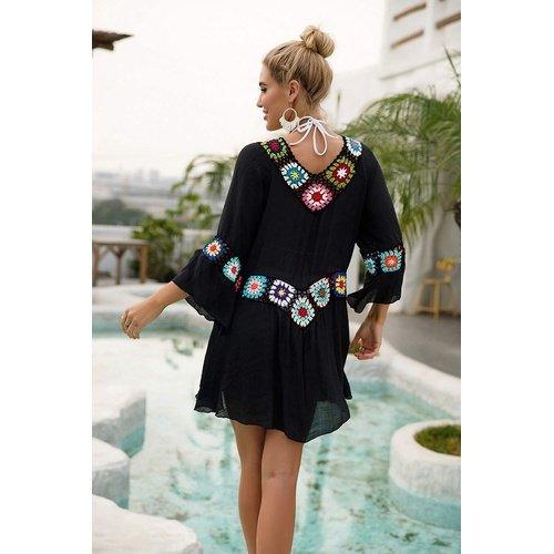 Black  Tunic Dress Long Cover-Up With Knitted Crochet Flower Design Beachwear Bikini Ups Summer Boho Dresses. - ibuyxi.com
