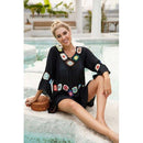 Black  Tunic Dress Long Cover-Up With Knitted Crochet Flower Design Beachwear Bikini Ups Summer Boho Dresses. - ibuyxi.com