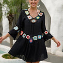 Black  Tunic Dress Long Cover-Up With Knitted Crochet Flower Design Beachwear Bikini Ups Summer Boho Dresses. - ibuyxi.com
