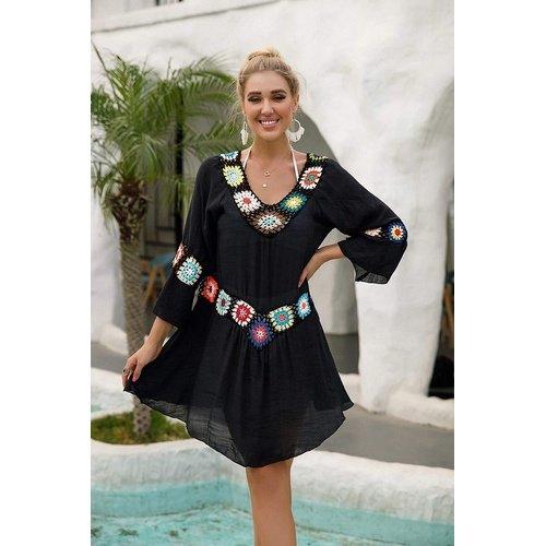Black  Tunic Dress Long Cover-Up With Knitted Crochet Flower Design Beachwear Bikini Ups Summer Boho Dresses. - ibuyxi.com