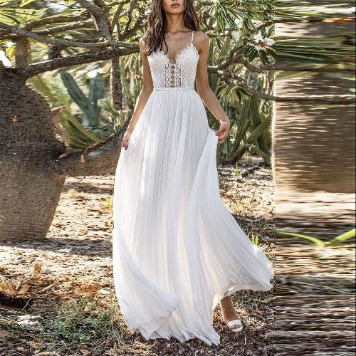 Suspenders Backless Patchwork V-Neck Chiffon Maxi Dress