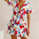 V-Neck Colorful Front Knot Ruffles Mini Dress - iBuyXi.com