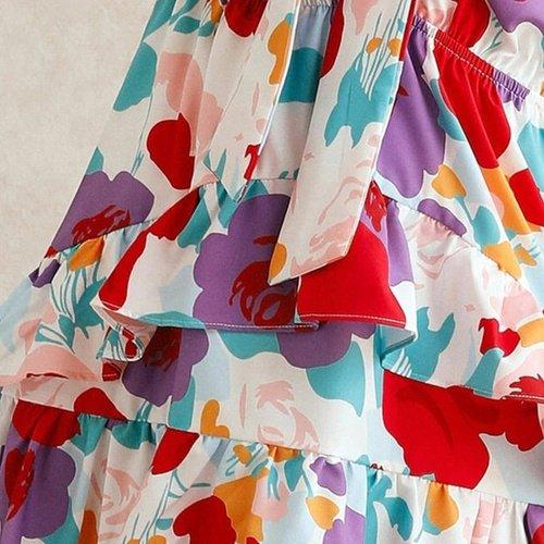 V-Neck Colorful Front Knot Ruffles Mini Dress - iBuyXi.com