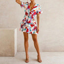 V-Neck Colorful Front Knot Ruffles Mini Dress - iBuyXi.com