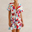 V-Neck Colorful Front Knot Ruffles Mini Dress - iBuyXi.com
