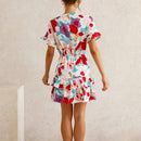 V-Neck Colorful Front Knot Ruffles Mini Dress - iBuyXi.com