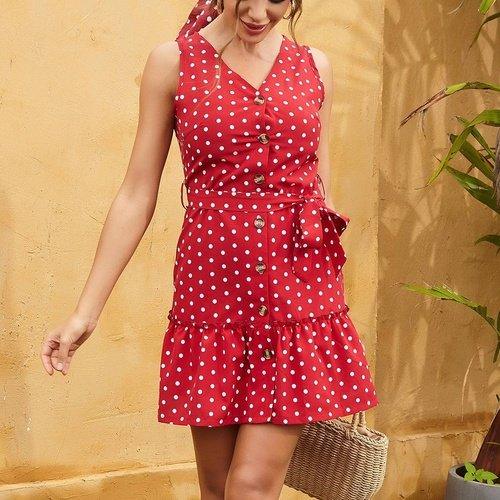 V-Neck Dot Printed Sleeveless Sun Dress, iBuyXi.com, Summer outfits, women clothing, sundresses, beach dresses, free shipping, special offers, summer sales