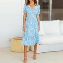 V Neck Floral Printed Long Dress With Blue Split Boho And Elegant Ruffles Ideal Choice For Vacation. - ibuyxi.com