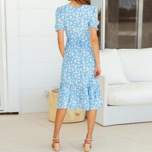 V Neck Floral Printed Long Dress With Blue Split Boho And Elegant Ruffles Ideal Choice For Vacation. - ibuyxi.com