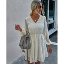 V-Neck Long Sleeve Solid Color Dress For Autumn And Comes With New Sweet Lantern Sleeve. - ibuyxi.com