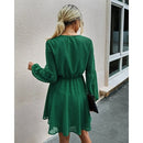 V-Neck Long Sleeve Solid Color Dress For Autumn And Comes With New Sweet Lantern Sleeve. - ibuyxi.com