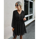 V-Neck Long Sleeve Solid Color Dress For Autumn And Comes With New Sweet Lantern Sleeve. - ibuyxi.com
